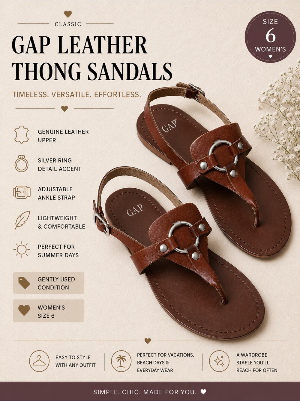 GAP Brown Leather Thong Sandals Women’s Size 6 | Summer Boho